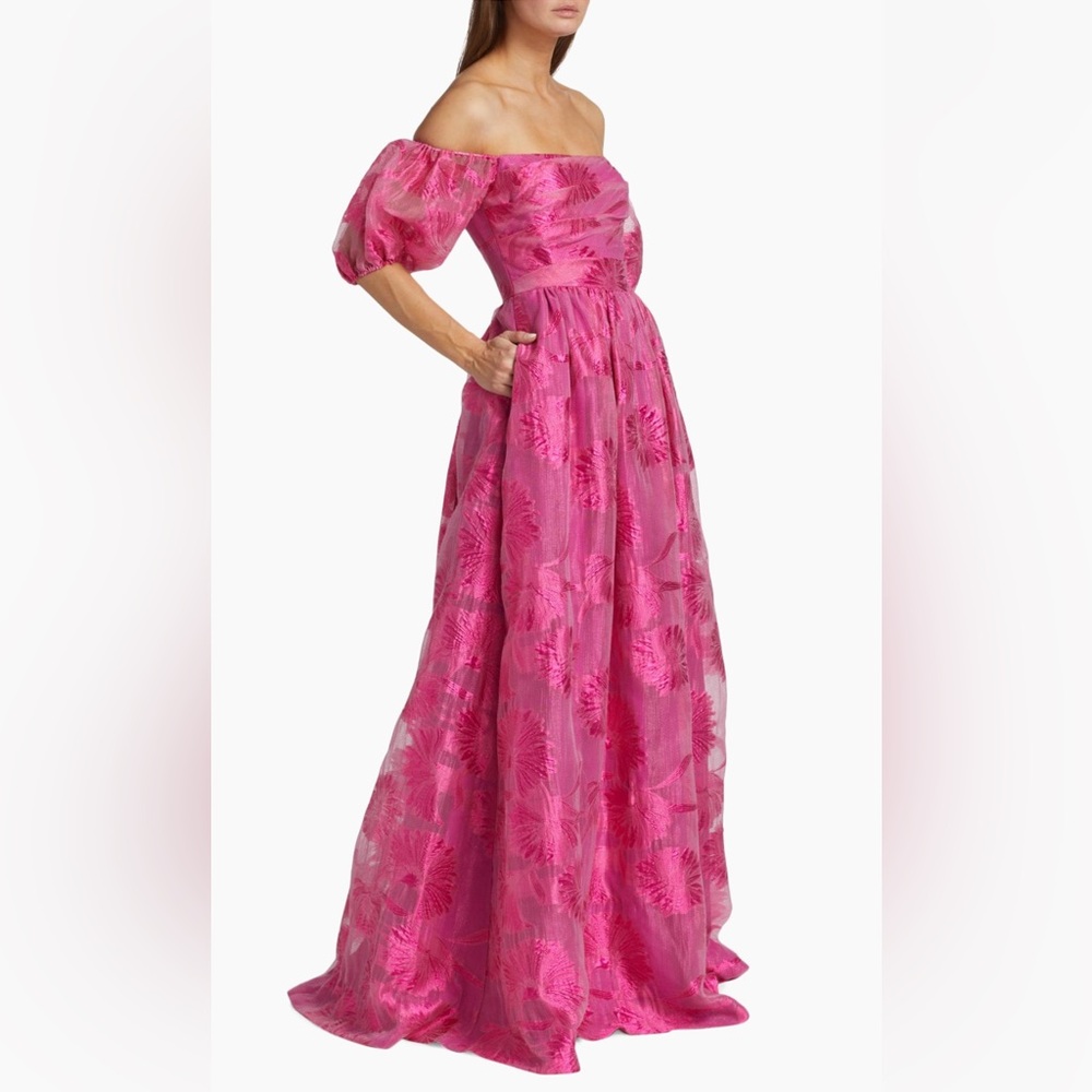 ML Monique Lhuillier Organza Jacquard Off-Shoulder Gown Floral Pink Maxi Dress - Picture 3 of 16